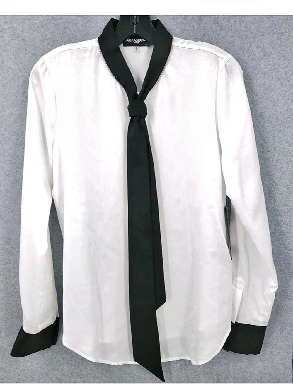 Karl Lagerfeld Paris Black & White Rhinestone Tie-Neck Satin Blouse Size Small